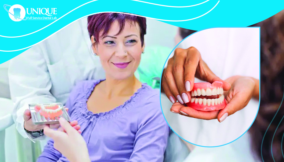 woman-smiling-and-dentist-passing-denture-with-hand-holding-dental-prosthesis