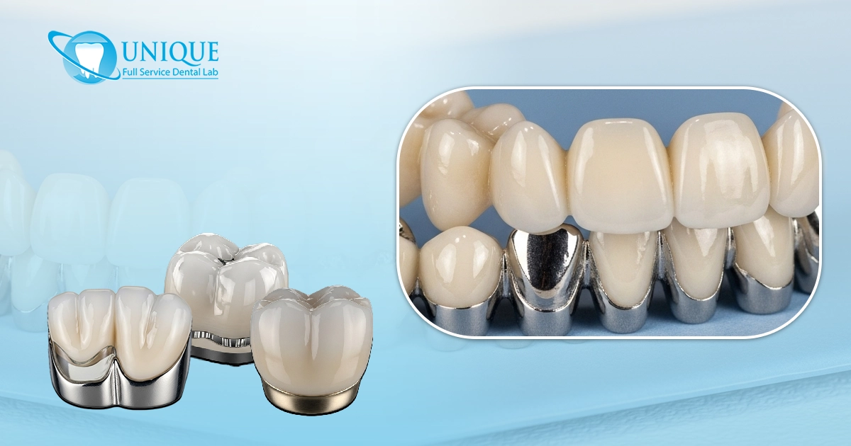 Porcelain-fused-to-metal (PFM) dental crowns and bridges.