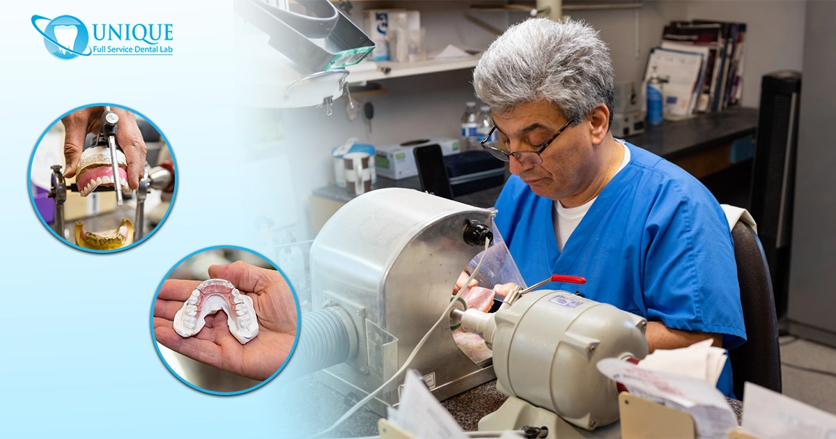 A dental lab technician working on a prosthetic, alongside images of dental modes and a denture.