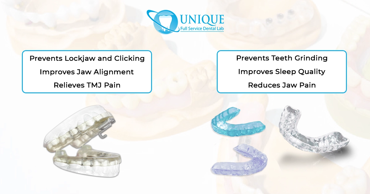 UDL's TMJ splint varieties shown with key benefits: prevents lockjaw and teeth grinding.