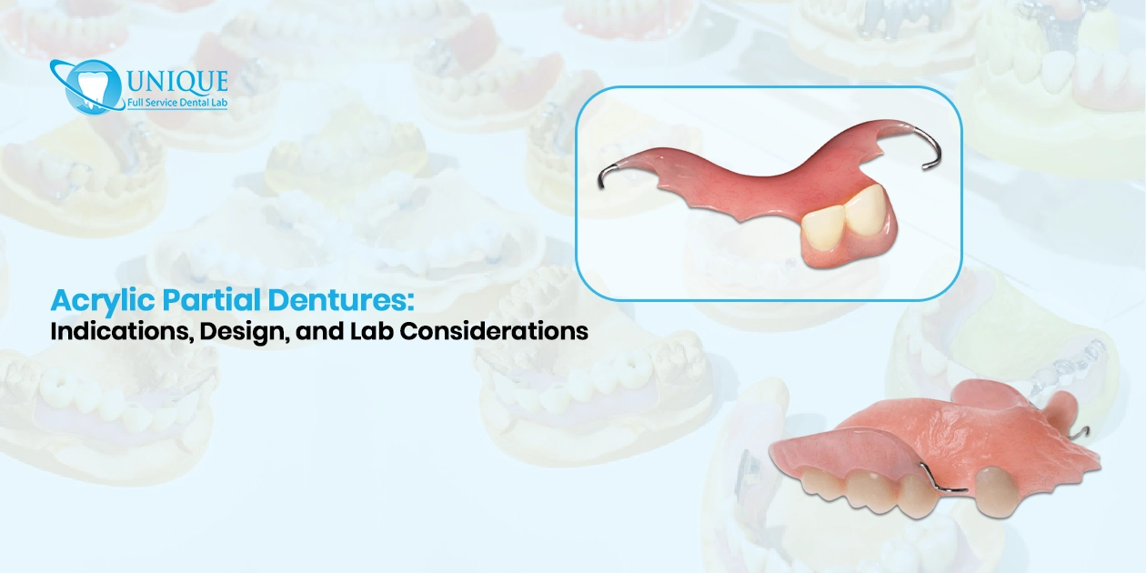 Unique Full Service Dental Lab graphic displaying multiple dental casts and a specific example of acrylic partial dentures to illustrate design options.