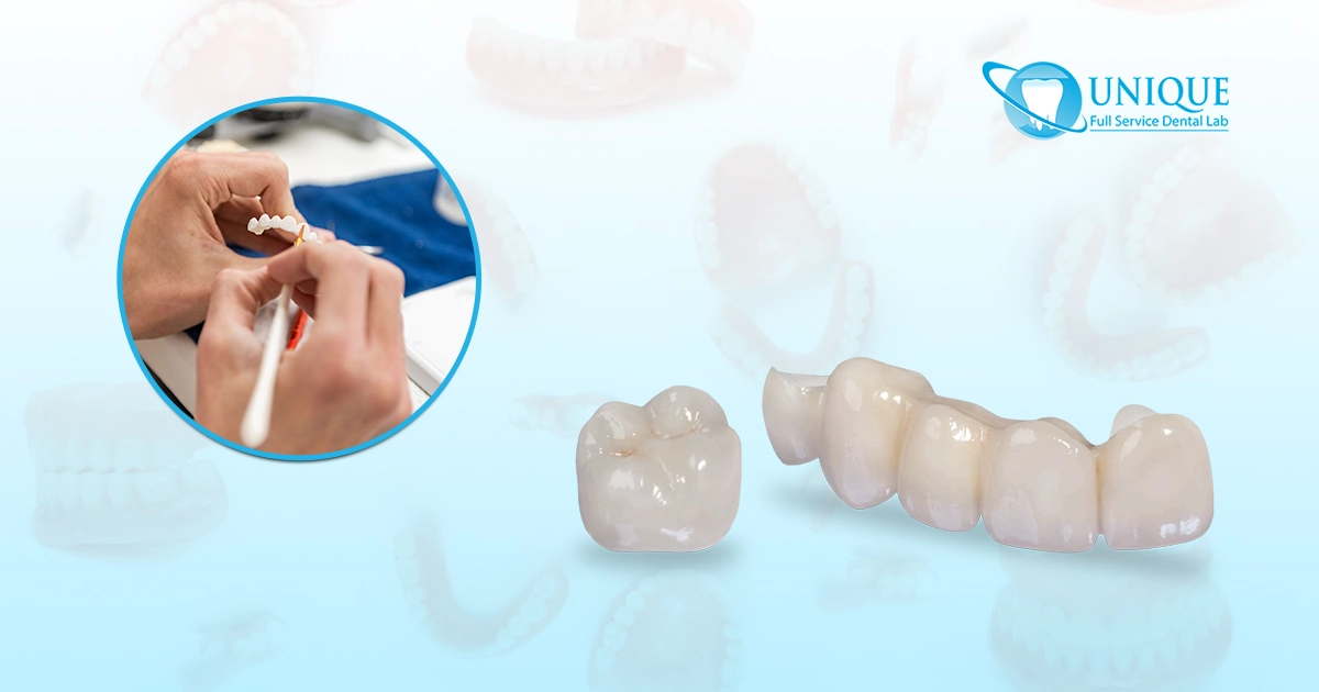 A circular inset on the left shows hands working on a small, white dental piece. To the right, a single zirconia crown and a bridge of multiple crowns are displayed. The background is a soft blue with blurred dental impressions.
