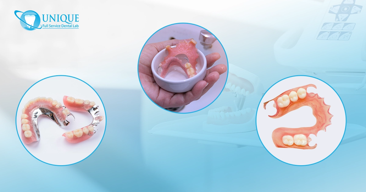 Examples of different partial dentures, showing both metal framework and flexible acrylic options for replacing missing teeth.