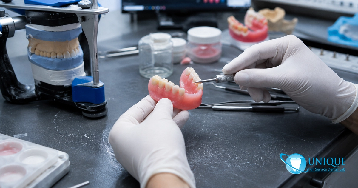 Custom denture fabrication by a dental technician, meticulously shaping a denture with tools in a professional lab setting.