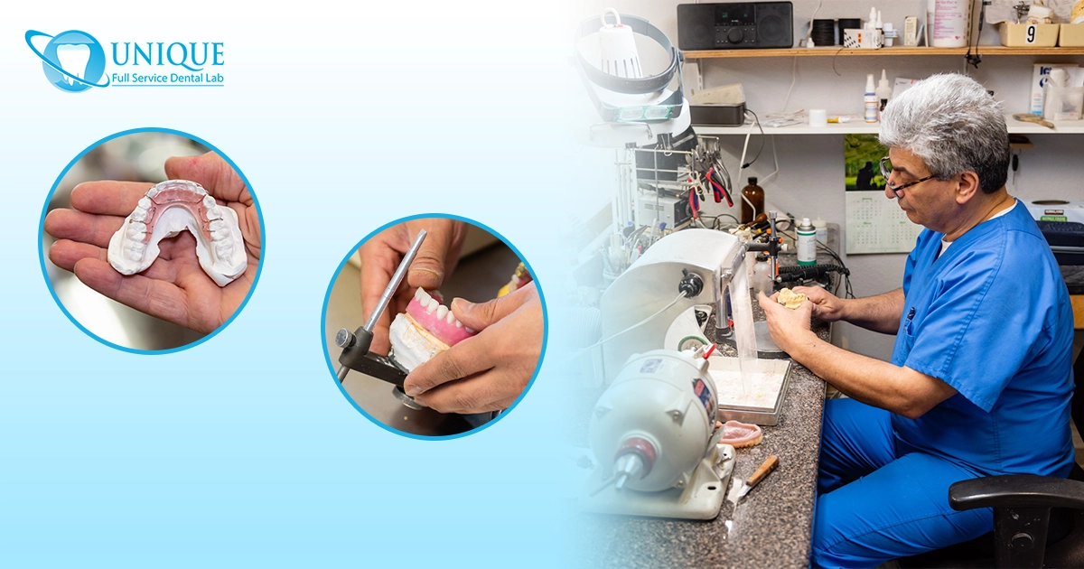 Denture creation process, showing a dental impression, a technician adjusting a denture on an articulator, and a lab technician working at a dental workbench.