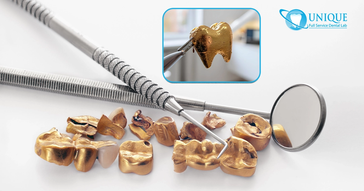 Close-up of using a tool to polish a gold crown, creating bright, flying sparks.