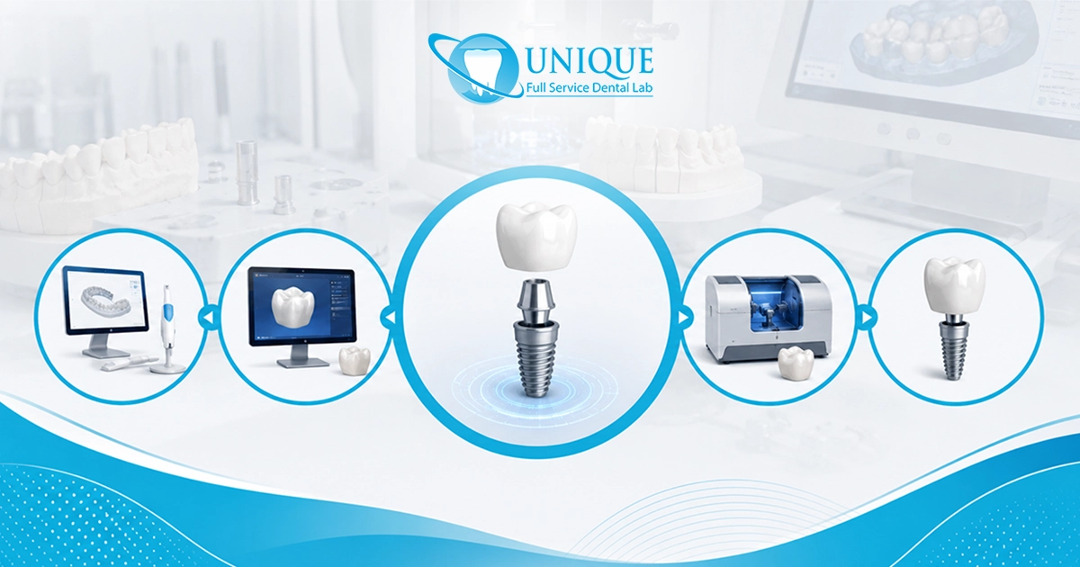 An infographic illustrating the digital dental process for creating a custom implant crown, from 3D scanning and computer-aided design to milling and final placement.