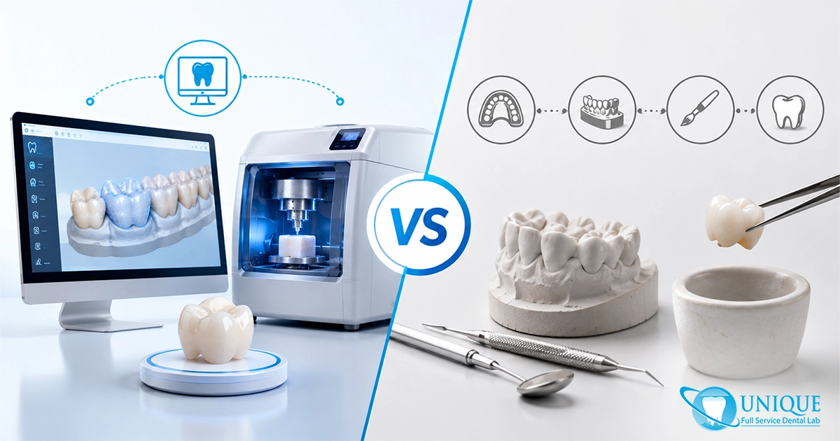 Comparison graphic showing modern dental CAD CAM 3D software and milling machine on the left versus traditional plaster mold impression and hand-layered crown techniques on the right