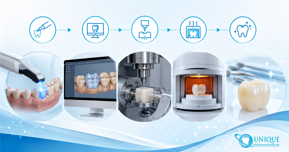 Step-by-step digital dental CAD CAM workflow diagram featuring intraoral 3D scanning, computer-aided design software, dental milling machine, sintering furnace, and final ceramic tooth crown