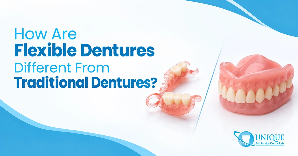 A comparison image showing a flexible partial denture next to a traditional full denture alongside text asking "How Are Flexible Dentures Different From Traditional Dentures?"
