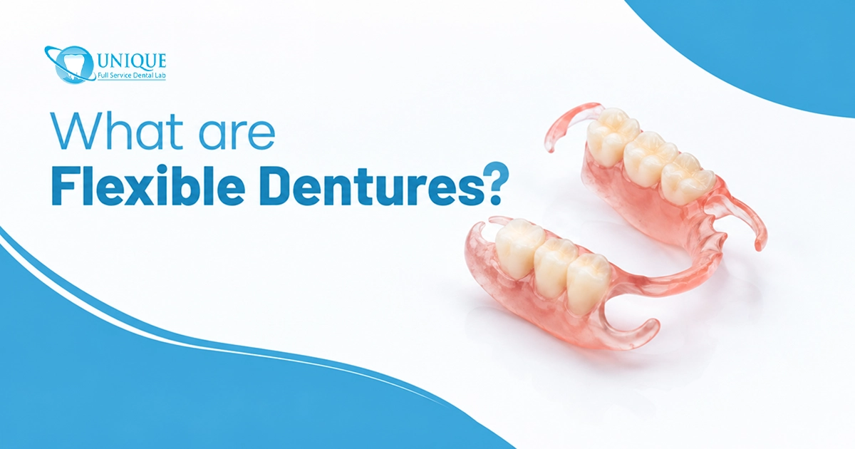 A pair of flexible partial dentures with clear pink resin bases on a white background next to text reading "What are Flexible Dentures?