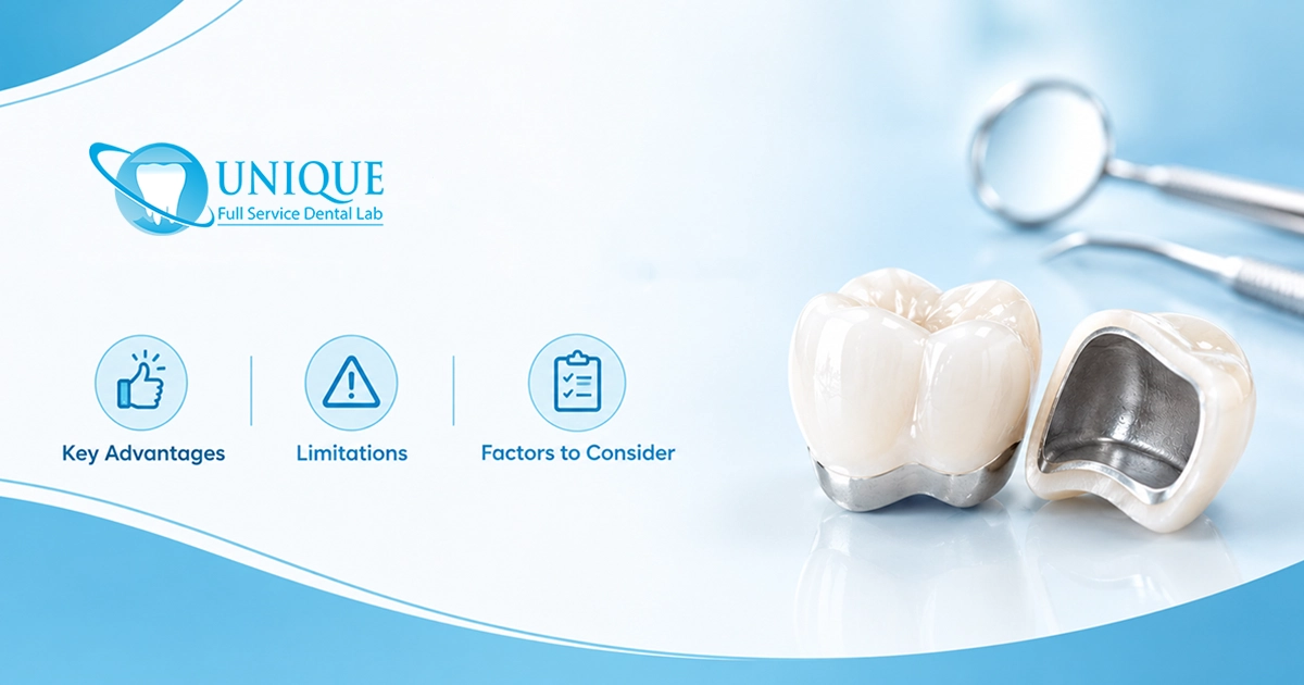 Banner graphic for Unique Full Service Dental Lab highlighting Key Advantages, Limitations, and Factors to Consider for PFM porcelain fused to metal dental crowns.