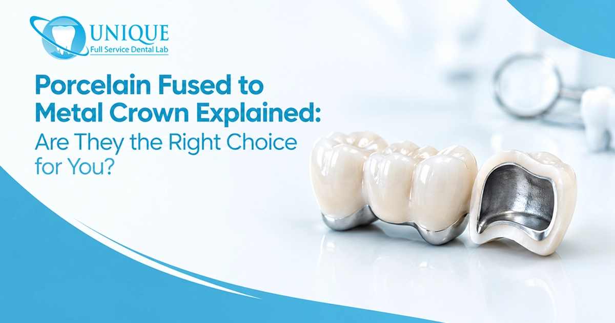 Informational banner titled Porcelain Fused to Metal Crown Explained displaying a PFM dental bridge and cross-section showing the inner metal lining.